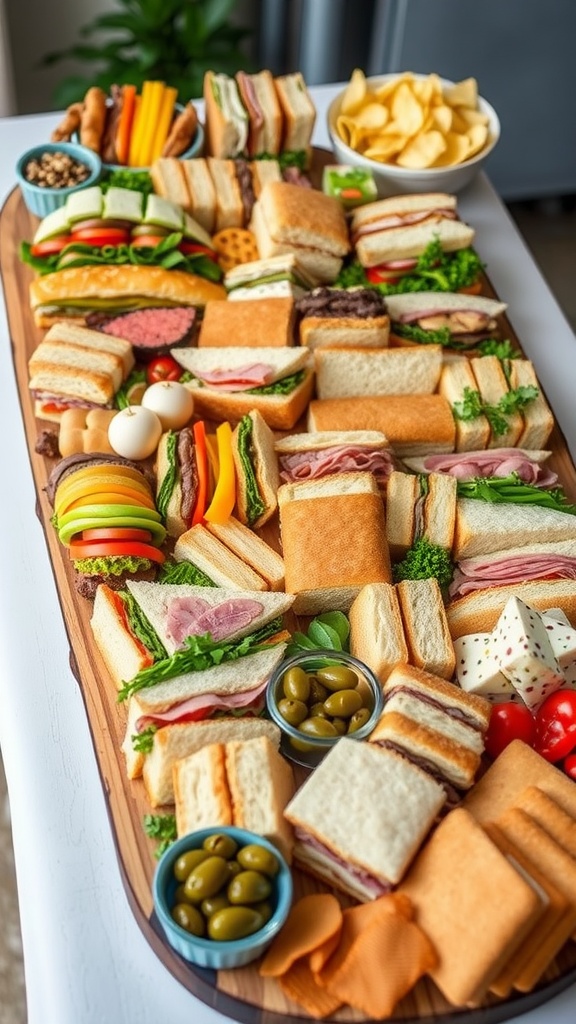 A grazing table with assorted sandwiches, pickles, olives, and chips on a rustic board.